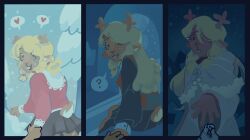 1girl 1other :d ? animal_ears antlers black_eyes black_skirt blonde_hair buck_teeth checkered_sweater_vest colored_skin commentary dark_skin deer_ears deer_tail deltarune english_commentary freckles grey_skin hair_over_one_eye heart highres holding_hands horns jewelry long_hair long_sleeves noelle_holiday open_mouth outdoors red_shirt reigobun reindeer_girl ring robe shirt sitting skirt smile snow snowing spoken_heart spoken_question_mark tail teeth white_robe