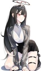 1girl absurdres black_hair black_shoes black_skirt blue_archive hair_ornament hairclip halo highres kneeling long_hair ori33 pleated_skirt red_eyes ringed_eyes rio_(blue_archive) shoes skirt solo sweater turtleneck turtleneck_sweater white_sweater