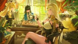 Rule 34 | 3girls, animal ear fluff, animal ears, asymmetrical gloves, black gloves, black hair, black thighhighs, blonde hair, breasts, cleavage, closed mouth, crossed legs, daniel deng, elbow gloves, fingerless gloves, fox ears, fox girl, gloves, green eyes, grey hair, highres, hoshimi miyabi, indoors, japanese clothes, ju fufu, large breasts, long hair, looking at viewer, multiple girls, necktie, pan yinhu, red eyes, second-party source, single thighhigh, sitting, smile, thighhighs, tiger ears, tiger girl, uneven gloves, yixuan (zenless zone zero), zenless zone zero