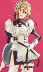 Rule 34 | 1girl, absurdres, apron, belt, black belt, breasts, brown hair, cleavage, cleavage cutout, clothing cutout, cowboy shot, gloves, green eyes, hair between eyes, hair down, hand on own hip, highres, holding, holding tray, idolmaster, idolmaster cinderella girls, juliet sleeves, kimura natsuki, kumatsuki (no-kirin), long sleeves, looking at viewer, maid, maid apron, maid headdress, open mouth, pink background, puffy sleeves, qi maid, short hair, simple background, small breasts, solo, sparkle, standing, thigh strap, thighhighs, tray, white apron, white gloves, white thighhighs