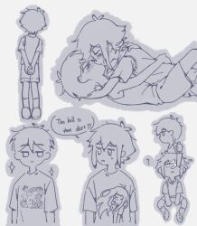 2boys ? absurdres antenna_hair closed_mouth collared_shirt english_text french_kiss greyscale highres holding holding_knife kel_(faraway)_(omori) kel_(omori) kiss knife looking_at_another male_focus mari_(headspace)_(omori) mari_(omori) monochrome multiple_boys omori omori_(omori) open_mouth shirt short_hair short_sleeves shorts sketch smug socks sparkle speech_bubble spoken_question_mark stranger_(omori) sweater_vest t-shirt tank_top thatbirdcanfly yaoi