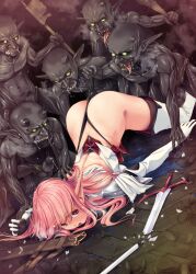 1girl ass broken broken_sword broken_weapon defeat elf gang_rape goblin imminent_rape kirishima_satoshi on_floor pointy_ears rape sword top-down_bottom-up warrior weapon