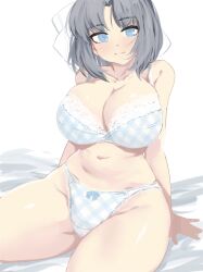 Rule 34 | absurdres, arm support, blue bra, blue eyes, blush, bra, breasts, checkered bra, checkered clothes, cleavage, grey hair, hair ribbon, highres, kumako (kumakonoh), lace, lace-trimmed bra, lace trim, large breasts, looking at viewer, ribbon, senran kagura, short hair, sitting, underwear, underwear only, yumi (senran kagura)