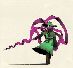 1boy animal_ears artist_name belt black_fur capelet commentary deltarune english_commentary fangs floating_scarf full_body furry furry_male glasses goat_boy goat_ears goat_horns green_capelet green_hat green_robe hat heart heart_print highres holding holding_sword holding_weapon horns looking_at_viewer male_focus mechamichal patch pink_scarf ralsei ralsei_(hat) robe scarf scarf_over_mouth shadow simple_background solo straight-on sword weapon witch_hat