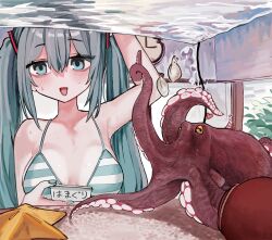 1girl aqua_eyes aqua_hair aqua_nails arm_up bikini blush breasts commentary_request fish_tank hair_between_eyes hatsune_miku highres long_hair looking_to_the_side medium_breasts microa nail_polish octopus open_mouth solo starfish striped_bikini striped_clothes sweat swimsuit twintails upper_body vocaloid