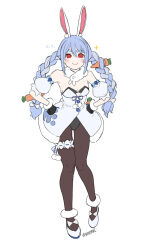 1girl animal_ears b.c.n.y. black_gloves black_leotard black_pantyhose blue_hair braid don-chan_(usada_pekora) dress full_body fur-trimmed_jacket fur_trim gloves highres hololive jacket leotard leotard_under_clothes looking_at_viewer multicolored_hair pantyhose rabbit_ears rabbit_girl red_eyes solo strapless twin_braids two-tone_hair usada_pekora usada_pekora_(1st_costume) virtual_youtuber white_background white_dress white_hair