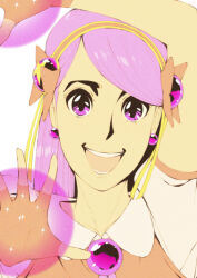 1girl absurdres asamiya_athena earrings fingerless_gloves gloves hair_ornament hairband highres jewelry long_hair looking_at_viewer magic magical_girl open_mouth pale_skin purple_eyes purple_hair red_gloves red_hairband rokerrabbit40 shiny_clothes short_sleeves smile smiley_face star_(symbol) star_hair_ornament the_king_of_fighters white_background