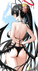 1girl absurdres antenna_hair ass bare_arms bare_shoulders bikini black_bikini black_wings blue_archive blunt_bangs blunt_sidelocks blush flower franz2543 from_behind hair_flower hair_ornament highres official_alternate_costume official_alternate_hairstyle open_mouth ponytail red_flower sidelocks solo sweat swimsuit tsurugi_(blue_archive) tsurugi_(swimsuit)_(blue_archive) tying_bikini wings yellow_flower
