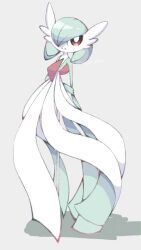Rule 34 | bob cut, colored skin, dress, gardevoir, gen 3 pokemon, green hair, green skin, grey background, hair over one eye, highres, multicolored skin, narumiya pkmn, nintendo, pink eyes, pokemon, pokemon (creature), signature, simple background, smile, two-tone skin, white dress, white skin