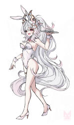 1girl animal_ears artist_logo baki_(duel_masters) bare_shoulders breasts cleavage detached_collar duel_masters fake_animal_ears fang grey_hair hair_between_eyes hair_ornament high_heels highres holding holding_tray kurokage leotard logo long_hair medium_breasts multicolored_hair open_mouth pink_hair playboy_bunny purple_eyes rabbit_ears red_eyes shirt shoes simple_background solo strapless strapless_leotard tray very_long_hair white_background white_leotard white_shirt white_shoes wrist_cuffs