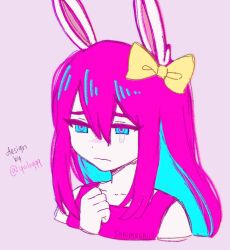 1girl 3: alternate_universe animal_ears artist_name aubrey_(omori) bare_shoulders bow closed_mouth collarbone colored_skin commentary cropped_shoulders double-parted_bangs english_commentary eyebrows_hidden_by_hair from_above hair_between_eyes hair_bow hand_up highres long_hair looking_ahead multicolored_hair omori pink_hair pink_tank_top purple_background rabbit_ears ringed_eyes shrimperini sidelocks simple_background solo straight_hair tank_top tearing_up two-tone_hair white_skin yellow_bow