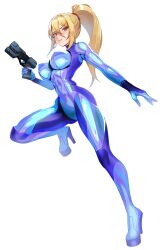 1girl blonde_hair blue_bodysuit blue_eyes bodysuit breasts closed_mouth full_body gun hand_up handgun high_heels high_ponytail highres holding holding_gun holding_weapon knee_up large_breasts long_hair looking_at_viewer metroid nintendo outstretched_arm plasma_pistol ponytail samus_aran simple_background skin_tight solo transparent_background v-shaped_eyebrows very_long_hair volyz weapon zero_suit