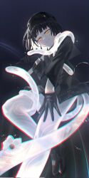 1girl 7h3rd beret black_gloves black_hair black_hat black_jacket black_shoes bob_cut bright_pupils closed_mouth commentary_request corrupted_twitter_file flower from_below gloves hat highres jacket jie_(xinyue_tongxing) korean_commentary shoes short_hair smile snake solo white_flower white_pupils xinyue_tongxing yellow_eyes