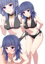 1boy 1girl absurdres arm_behind_back bikini black_bikini blue_hair blunt_bangs blush breasts censored cinderella_series fellatio grin hachigatsu_no_cinderella_nine hand_on_own_chest highres jewelry medium_breasts mosaic_censoring multiple_views navel necklace nipples nude oral penis purple_eyes sagara_yoshino shinshiro smile swimsuit watermark white_background