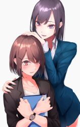 2girls akiyama_cz4a binder black_jacket blue_jacket blue_skirt blush brown_eyes brown_hair collarbone collared_shirt commentary_request cowboy_shot crossed_arms eyes_visible_through_hair fingernails hair_between_eyes hair_ornament hairclip hand_on_another&#039;s_head hand_on_another&#039;s_shoulder highres holding holding_binder jacket lapels layered_sleeves long_hair long_sleeves looking_at_viewer lower_teeth_only miniskirt mole mole_on_neck multiple_girls nail_polish notched_lapels open_clothes open_jacket open_mouth original parted_bangs pink_nails pleated_skirt purple_eyes purple_hair shirt short_hair sidelocks simple_background skirt sleeves_rolled_up slit_pupils smile teeth tsurime upper_body watch white_background white_shirt wing_collar wristwatch