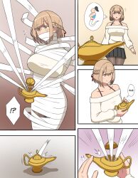 1girl bdsm blonde_hair bondage bound genie green_eyes imbsengirl mummification mummy short_hair trap trapped
