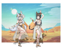 Rule 34 | 2girls, absurdres, ancient egyptian clothes, animal ear fluff, animal ears, arm up, armlet, black hair, blue eyes, bracelet, breasts, brown eyes, cat ears, cat girl, cat tail, circlet, dancer, desert, drop shadow, egypt, fox ears, fox girl, fox tail, full body, gladiator sandals, highres, huihuang rongyao, jewelry, long hair, looking at viewer, low-tied long hair, medium breasts, mouth veil, multiple girls, original, pyramid (structure), ring, sandals, smile, standing, standing on one leg, tail, thighlet, uraeus, usekh collar, veil, very long hair, watermark, white hair