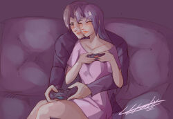 asamiya_athena brown_hair charlyarts highres holding_hands kusanagi_kyou playing_games psycho_soldier purple_eyes purple_hair sitting sitting_on_lap sitting_on_person snk the_king_of_fighters