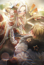 ! !! 1boy 1girl bell blonde_hair blush cape christmas dimitri_alexandre_blaiddyd dimitri_alexandre_blaiddyd_(blessed_protector) dress edelgard_von_hresvelg edelgard_von_hresvelg_(snowfall_future) embarrassed fake_horns fire_emblem fire_emblem:_three_houses fire_emblem_heroes from_above fur_trim girl_on_top gloves hair_ornament hetero highres holly_hair_ornament horns long_hair looking_at_another neck_bell nintendo official_alternate_costume red_cape red_dress soma_otakuu white_gloves white_hair
