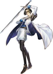 1boy artist_request black_cape black_hair brown_eyes brown_shoes cape frills full_body gloves grin hand_on_own_chest highres holding holding_sword holding_weapon ikenami_shouki long_sleeves looking_at_viewer luce_(p5x) male_focus mask masked official_art persona persona_5 persona_5:_the_phantom_x puffy_sleeves shoes short_hair smile solo sword third-party_source transparent_background two-tone_cape weapon white_cape white_gloves