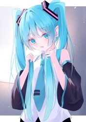 Rule 34 | 1girl, aqua eyes, aqua hair, detached sleeves, grabbing own hair, grey shirt, hatsune miku, highres, long hair, open mouth, shirt, sleeveless, sleeveless shirt, solo, twintails, upper body, very long hair, vocaloid, yamamotokeisuke1004