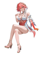 1girl absurdres bare_legs bare_shoulders braid breasts changli_(laurel_nymph)_(wuthering_waves) changli_(wuthering_waves) cleavage closed_mouth colored_extremities commentary crossed_legs dress feet full_body hair_between_eyes hair_extensions hand_up head_wreath high_heel_sandals high_heels highres invisible_chair large_breasts legs looking_at_viewer nail_polish never_cry3418 official_alternate_costume pink_hair pink_nails red_dress red_hands ring_hair_extensions sandals short_hair simple_background sitting smile solo tacet_mark_(wuthering_waves) toenail_polish toenails toes twin_braids white_background wuthering_waves yellow_eyes