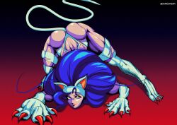 1girl absurdres all_fours alternate_color animal_ears ass blue_background blue_hair butt_clench capcom cat_ears cat_girl cat_tail claws convenient_censoring darkstalkers felicia_(darkstalkers) female_focus green_eyes highres long_hair looking_at_viewer muscular muscular_arms muscular_ass muscular_female muscular_legs nude pale_skin red_background sakkishisan shadow simple_background slit_pupils smirk tail thick_thighs thighs top-down_bottom-up two-tone_background variant_set very_long_hair