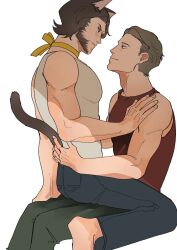 2boys animal_ears ass barefoot blue_pants blush brown_hair cat_boy cat_ears cat_tail choker closed_mouth commentary deadpool facial_hair green_eyes highres large_pectorals light_brown_hair looking_at_another male_focus marvel multiple_boys muscular muscular_male pants pectorals ribbon ribbon_choker sitting sitting_on_person sleeveless smile symbol-only_commentary tail tank_top wolverine_(x-men) wonpese x-men x-men_film_series x-men_origins:_wolverine yaoi yellow_ribbon