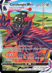 animal artist_name aura aviator_cap bird black_sclera blue_sky brown_gloves cabbie_(pokemon) card_(medium) character_name closed_mouth cloud colored_sclera company_name copyright_name copyright_notice corviknight day dynamax english_text fingerless_gloves flying gen_8_pokemon gigantamax gigantamax_corviknight gloves goggles negishi_shigenori nintendo official_art outdoors oversized_animal pillar_of_light pokemon pokemon_(creature) pokemon_card pokemon_focus pokemon_tcg red_clouds red_eyes seatbelt sky taxi third-party_source trading_card