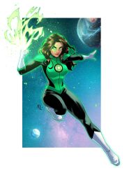 1girl aura black_bodysuit bodysuit boots border brown_hair dc_comics earrings elbow_gloves energy facial_mark gloves green_aura green_bodysuit green_eyes green_lantern green_lantern_(series) hair_over_shoulder highres jessica_cruz jewelry kath_lobo long_hair looking_to_the_side outside_border outstretched_arm planet power_ring_(green_lantern) red_lips ring signature sky smile solo space star_(sky) starry_sky stud_earrings two-tone_bodysuit white_boots white_border white_gloves