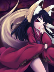 1girl :p animal_ears black_hair blush female_focus fox_ears fox_tail long_hair looking_at_viewer original red_eyes smile solo tail tongue tongue_out tsune-hime ukan_muri
