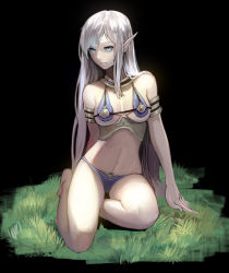 Rule 34 | 1girl, armlet, barefoot, bikini, blue eyes, elf, female focus, hidezi, jewelry, long hair, navel, pale skin, pointy ears, silver hair, simple background, sitting, solo, swimsuit