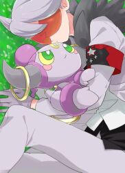 1boy armband black_shirt closed_mouth coat commentary_request cowlick creatures_(company) from_above fur-trimmed_coat fur_trim game_freak gen_6_pokemon gloves grass grey_coat grey_gloves grey_hair grey_pants holding holding_pokemon hoopa hoopa_(confined) lear_(pokemon) legendary_pokemon long_sleeves lying male_focus miyawaki mythical_pokemon nintendo on_side pants pokemon pokemon_(creature) pokemon_masters_ex shirt short_hair sunglasses