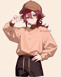1boy alternate_costume artist_name black_pants blush brown_hat brown_sweater closed_mouth genshin_impact green_eyes hair_between_eyes hat highres long_hair long_sleeves looking_at_viewer m_may_00 male_focus mole mole_under_eye pants red_hair shikanoin_heizou solo sweater turtleneck turtleneck_sweater twitter_username v v_over_eye