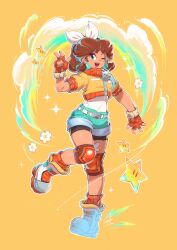 1girl blue_eyes bow brown_hair cropped_jacket earrings fingerless_gloves gloves hair_bow highres jacket jewelry knee_pads long_hair mario_(series) mario_kart mario_kart_world nintendo one_eye_closed orange_background orange_gloves orange_jacket princess_daisy princess_daisy_(touring) saiwo_(saiwoproject) shoes shorts sneakers super_star_(mario) white_bow zipper_pull_tab