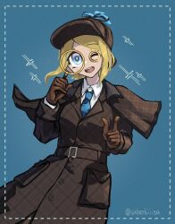 1girl ;d blonde_hair blue_background blue_eyes blue_necktie border brown_coat brown_gloves brown_hat coat collared_coat collared_shirt detective emma_woods emma_woods_(lady_truth) gloves hat highres holding holding_magnifying_glass identity_v lily_(superkiiisa) long_sleeves magnifying_glass monocle necktie one_eye_closed open_mouth shirt short_hair smile solo trench_coat twitter_username white_shirt
