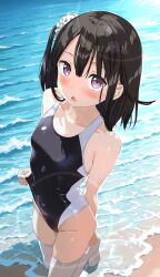 1girl absurdres bare_shoulders black_hair blush breasts competition_school_swimsuit competition_swimsuit covered_navel from_above hair_ornament hair_scrunchie highres kneeling looking_at_viewer medium_hair miyuki_(yxbt7) ocean one-piece_swimsuit original purple_eyes school_swimsuit scrunchie side_ponytail small_breasts solo swimsuit thighhighs white_thighhighs