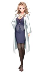 1girl black_pantyhose blue_skirt breasts brown_hair cleavage coat collarbone earrings formal_clothes full_body hair_between_eyes hair_intakes hand_on_own_hip highres itakano_ichika jacket jewelry kamitsurugi_ouka kouyoku_senki_exs-tia_concert lab_coat large_breasts long_hair long_sleeves looking_at_viewer medium_breasts miniskirt mole necklace official_art pantyhose pencil_skirt purple_eyes shoes skirt skirt_suit smile solo standing suit tachi-e transparent_background vest white_coat