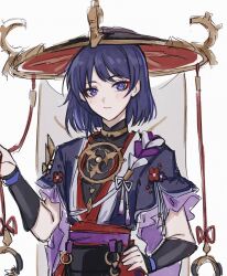 Rule 34 | 1girl, armor, black bodysuit, black hat, black kimono, black sleeves, blunt ends, bodysuit, closed mouth, eyelashes, eyeliner, eyeshadow, flower ornament, genderswap, genderswap (mtf), genshin impact, gold, gold trim, grey veil, hand on own hip, hand up, hat, highres, japanese armor, japanese clothes, jewelry, jingasa, juban, kimono, kote, kurokote, layered sleeves, light blush, looking at viewer, makeup, mandarin collar, mitsudomoe (shape), neck ring, o-ring, purple eyes, purple hair, purple pupils, purple rope, purple sash, purple sleeves, red eyeliner, red eyeshadow, red hat, red kimono, red sash, rope, sash, scaramouche (genshin impact), sgm618, shimenawa, short hair, short sleeves, solo, tassel, tomoe (symbol), two-sided fabric, two-sided headwear, upper body, veil, white background, white kimono, white rope, wispy bangs