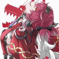 Rule 34 | 1girl, armor, black bow, bow, breastplate, breasts, collar, commentary request, earrings, from side, gradient hair, hair bow, hairband, head back, headgear, highres, hururu (vldptmxk1054), jewelry, korean commentary, long hair, looking at viewer, lupa (wuthering waves), medium breasts, metal collar, metal hairband, multicolored hair, pink hair, red pupils, red sash, revision, sash, smile, solo, tacet mark (wuthering waves), upper body, white hair, wuthering waves, yellow eyes