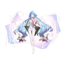 1girl ahoge artist_request barefoot blue_eyes blue_hair eniac_(neural_cloud) full_body game_cg girls&#039;_frontline girls&#039;_frontline_neural_cloud highres hologram leotard long_hair official_art shawl solo standing tachi-e third-party_source transparent_background twintails white_leotard white_shawl