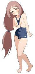 Rule 34 | 1girl, bare legs, barefoot, blue one-piece swimsuit, blush, breasts, brown eyes, brown hair, closed mouth, clothes pull, feet, female focus, full body, hair tie, head tilt, kai-o, long hair, looking at viewer, nipples, one-piece swimsuit, one-piece swimsuit pull, original, pulling own clothes, school swimsuit, simple background, small breasts, smile, solo, standing, swimsuit, thighs, toes, very long hair, white background