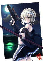 Rule 34 | 1girl, 2022, absurdres, apron, artoria pendragon (fate), artoria pendragon alter (swimsuit rider) (fate), bare shoulders, bikini, black bikini, black hoodie, black skirt, blonde hair, breasts, choker, closed mouth, cloud, dated, fate/grand order, fate (series), frilled apron, frilled skirt, frills, gun, highres, holding, holding gun, holding weapon, hood, hoodie, looking at viewer, maid headdress, medium hair, moon, ocean, pointing, pointing at viewer, sideboob, skirt, solo, star (sky), swimsuit, tsukaasa, v-shaped eyebrows, waist apron, weapon, white apron, white choker, yellow eyes