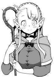 Rule 34 | 1girl, blush, closed mouth, dungeon meshi, elf, highres, himajin noizu, holding, holding staff, looking at viewer, marcille donato, pointy ears, sidelocks, simple background, smile, solo, staff, upper body