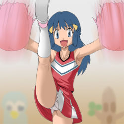1girl alternate_costume armpits blue_eyes blue_hair cameltoe cheerleader creatures_(company) dawn_(pokemon) female_focus frilled_panties frills game_freak high_kick jouwan kicking kneepits leg_lift long_hair matching_hair/eyes miniskirt nintendo panties pantyshot paruaki pokemon pokemon_(anime) pom_pom_(cheerleading) pussy shoes skirt sleeveless smile sneakers socks solo split standing standing_on_one_leg standing_split underwear upskirt white_panties