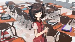 1girl absurdres bag binder brown_hair buttons chair classroom closed_mouth commentary_request cowboy_shot desk dress expressionless highres holding_strap indoors kabuyama_kaigi looking_at_viewer medium_hair red_dress red_eyes school_chair school_desk short_sleeves shoulder_bag solo standing touhoku_kiritan twintails voiceroid