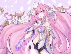 1girl absurdly_long_hair bell black_shorts breasts cleavage commentary_request corrupted_twitter_file corset diamond-shaped_pupils diamond_(shape) elf elysia_(herrscher_of_human:_ego)_(honkai_impact) elysia_(honkai_impact) gloves highres honkai_(series) honkai_impact_3rd long_hair pink_hair pointy_ears purple_background purple_eyes sang_yuchen short_shorts shorts simple_background smile solo symbol-shaped_pupils veil very_long_hair white_corset white_gloves white_veil