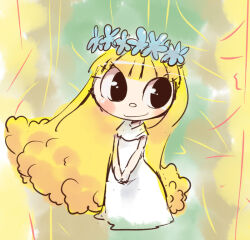 Rule 34 | 1girl, amalka, black eyes, blonde hair, blue flower, blush, dress, flower, head wreath, k-nattoh, long hair, looking at viewer, sleeveless, sleeveless dress, smile, standing, vila amalka, white dress, yellow background