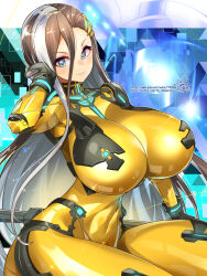 1girl absurdly_long_hair adjusting_hair azaz_(last_origin) black_gloves blue_eyes blush bodysuit breasts brown_hair closed_mouth covered_navel gloves gold hair_between_eyes hair_ornament hairclip highres huge_breasts jewelry last_origin light_particles linea_alba long_hair looking_at_viewer multicolored_hair pixiv_id pixiv_username signature sitting skin_tight smile solo sparkle streaked_hair twitter_username two-tone_hair umigarasu_(kitsune1963) v-shaped_eyebrows very_long_hair white_hair wide_hips yellow_bodysuit