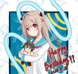 1girl 2024 ahoge artist_name atri atri-my_dear_moments- black_hair black_ribbon blue_background blue_eyes blue_sailor_collar blush character_doll chinese_commentary closed_mouth commentary dated doll dress hair_between_eyes hair_intakes hair_ribbon happy_birthday holding holding_doll ikaruga_natsuki jitome light_brown_hair long_hair long_sleeves looking_at_viewer making-of_available neckerchief red_eyes red_neckerchief ribbon sailor_collar sailor_dress short_hair simple_background smile smug solo sparkle split_mouth straight_hair two_side_up upper_body very_long_hair wide_sleeves wrnmsb